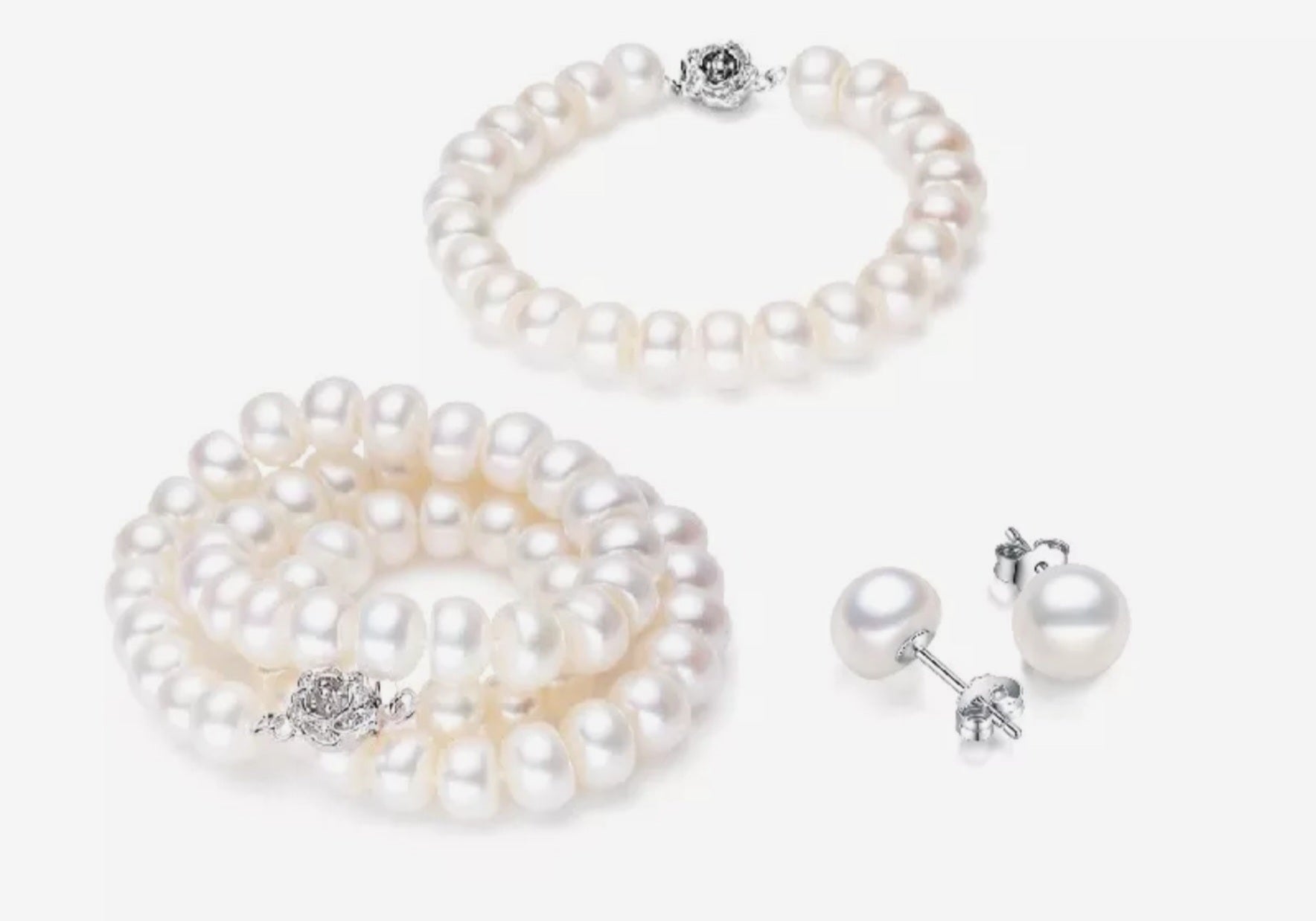 set completo con perla naturale bianche collana bracciale e orecchino