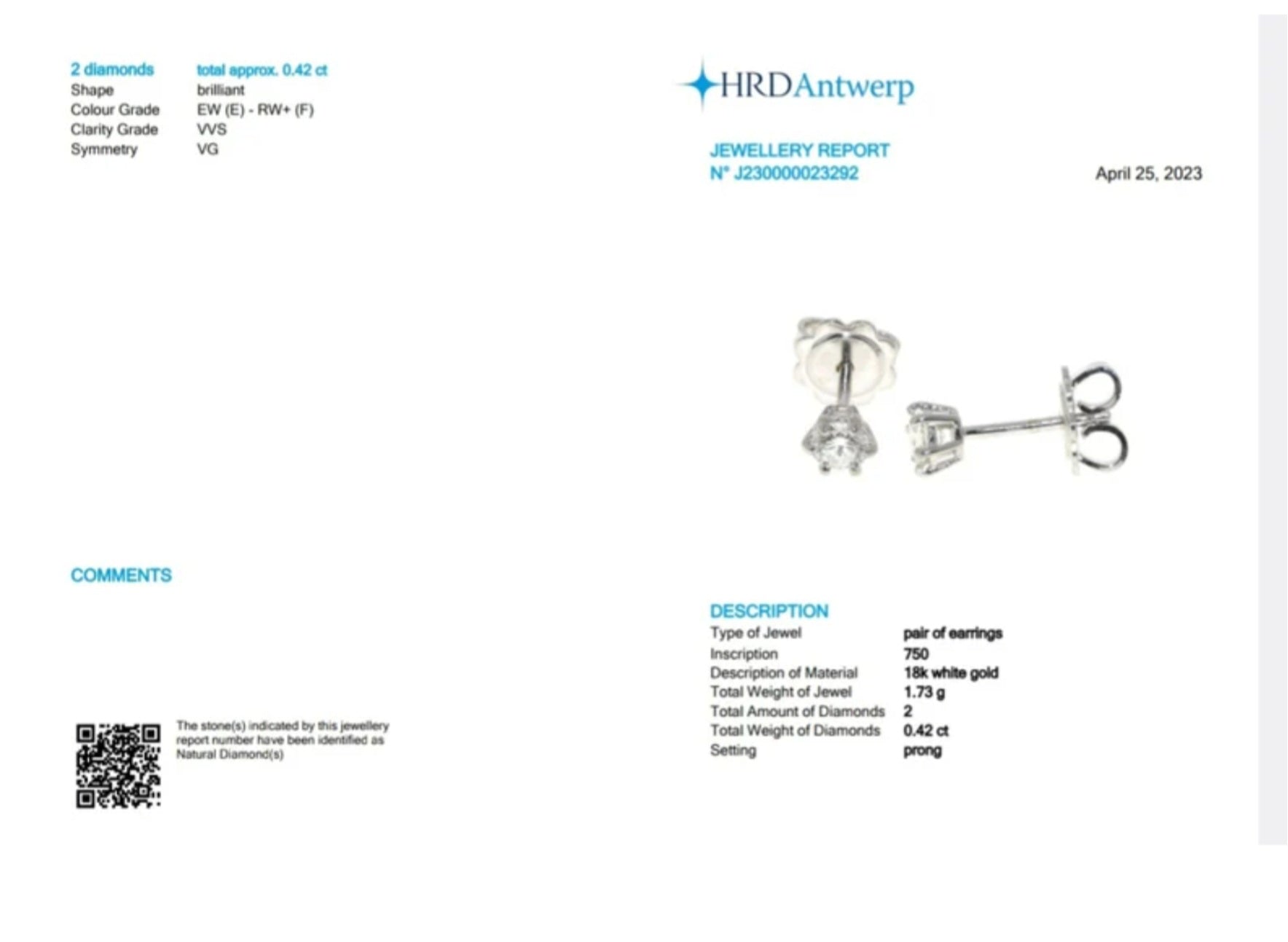 orecchini punto luce a 6 griff certificato HRD con 2 diamanti naturali 0,42 ct