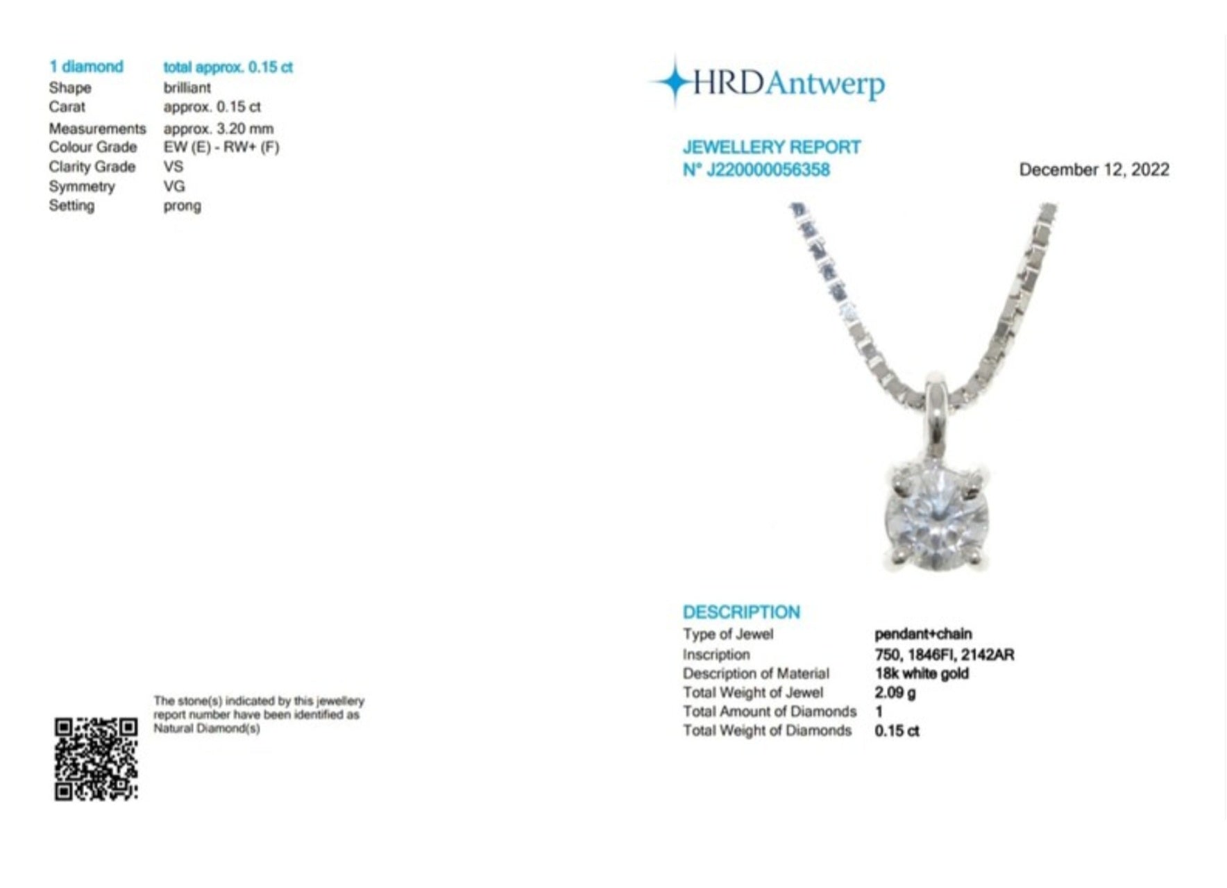 ciondolo punto luce certificato HRD In oro bianco e diamante naturale 0,15ct