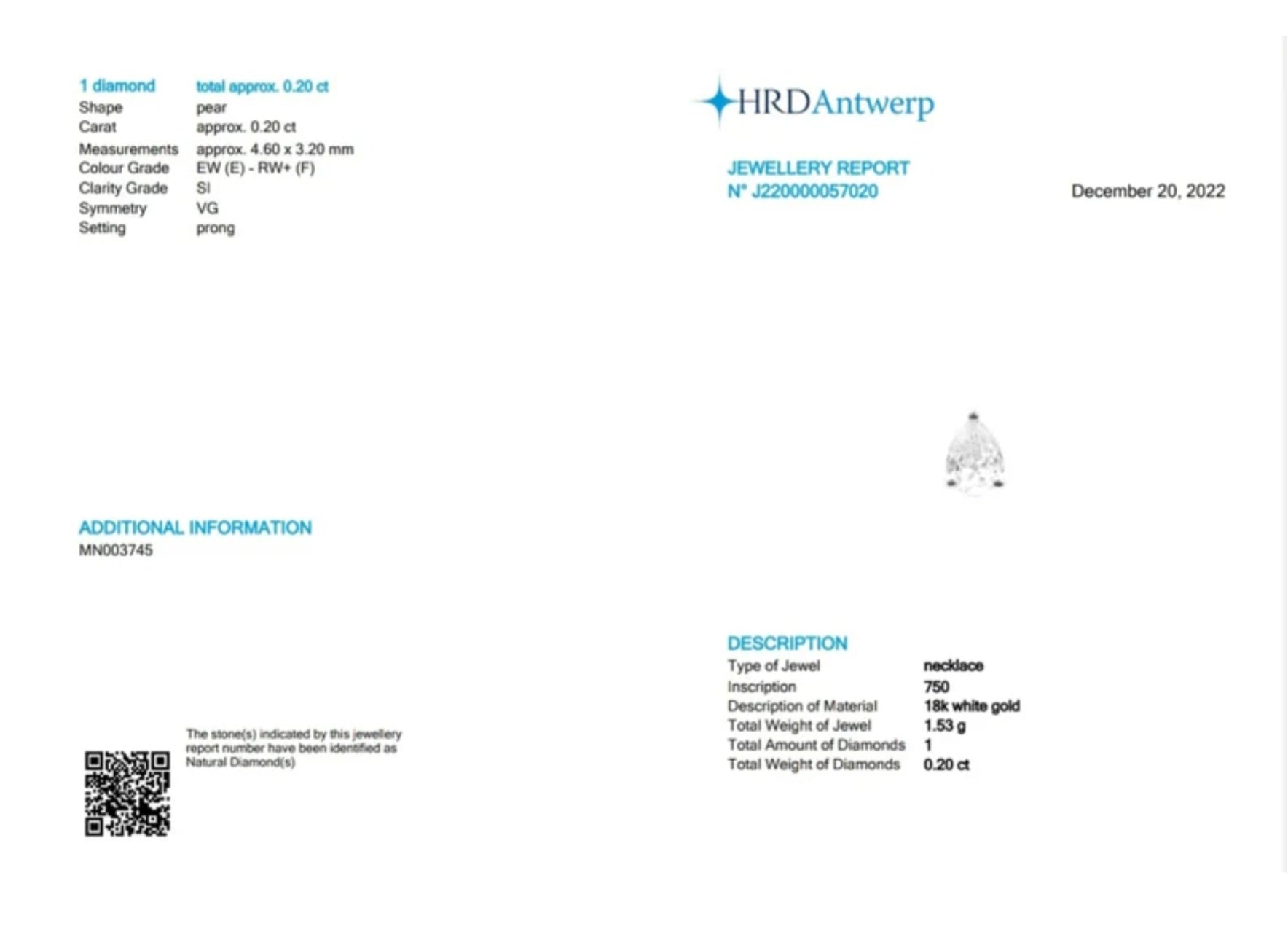 ciondolo punto luce taglio  gocce certificato HRD con diamante naturale 0,20ct