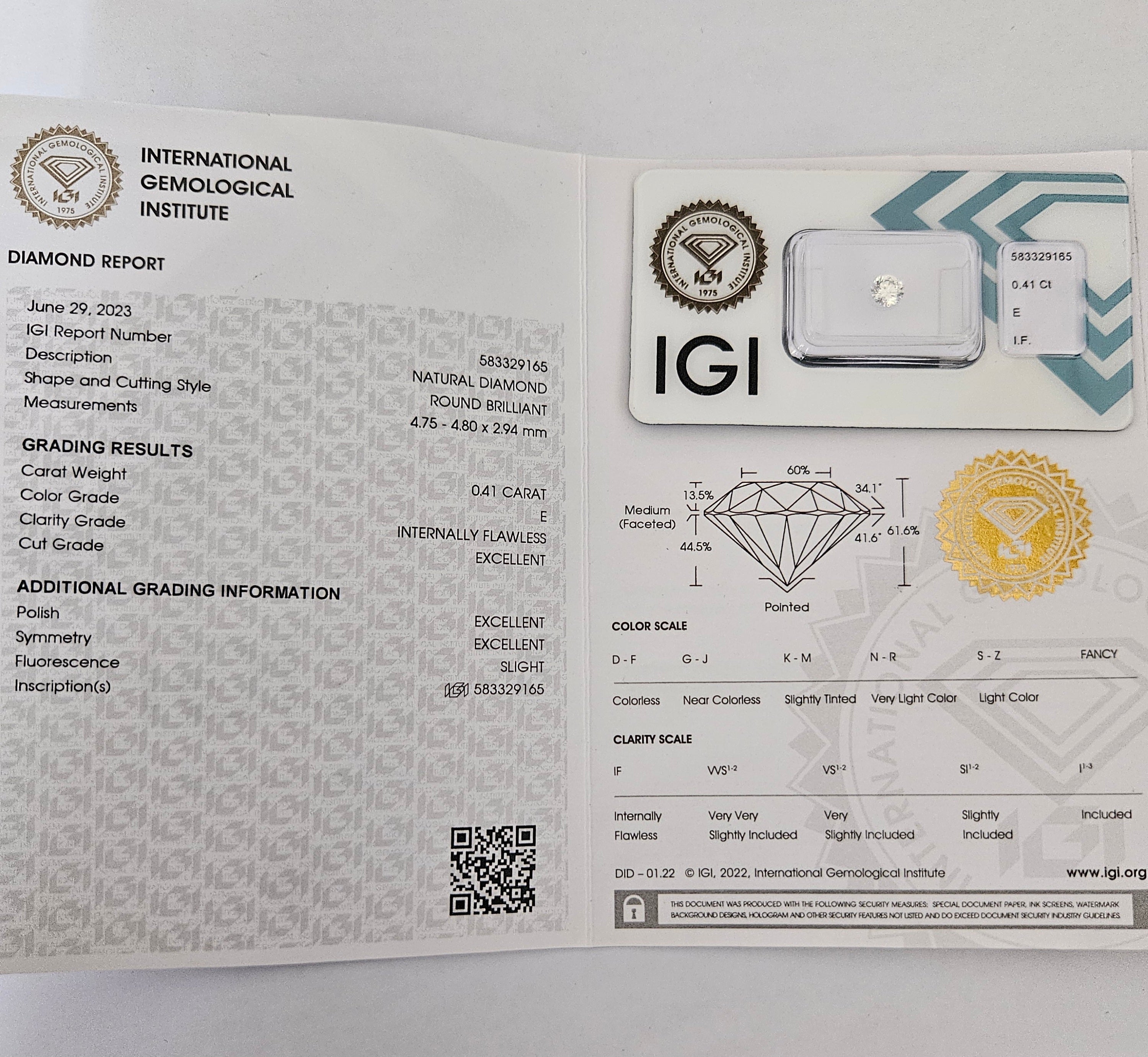diamanti naturali certificato IGI  0.41ct E IF