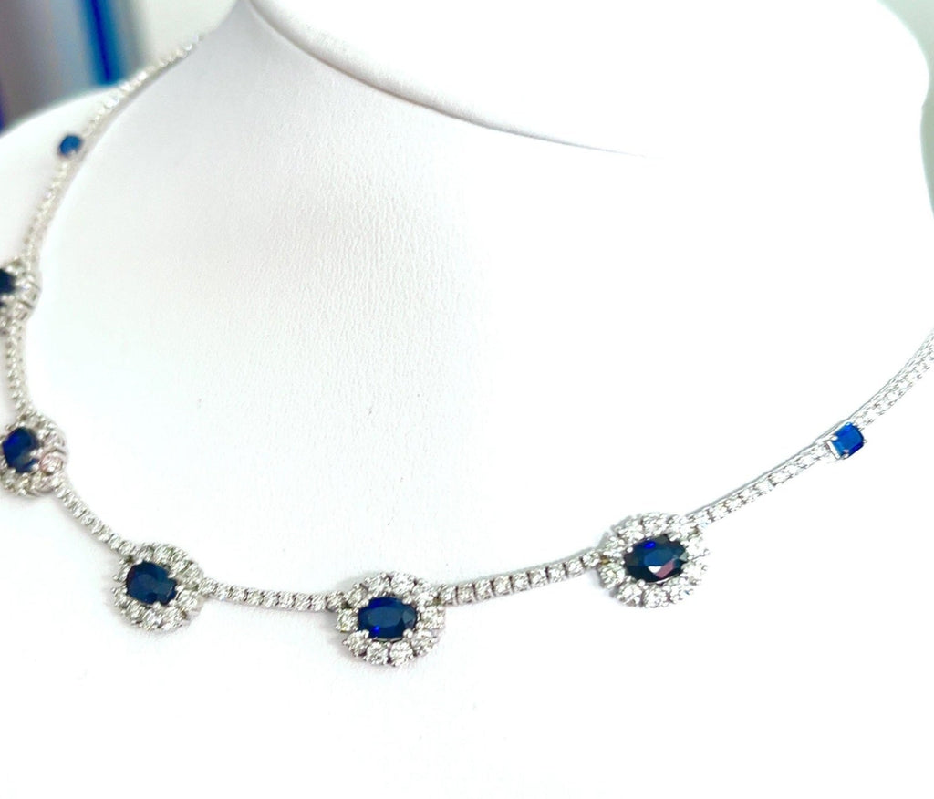 Collana collier tennis in oro bianco 18k e zaffiro e diamanti naturali 8ct