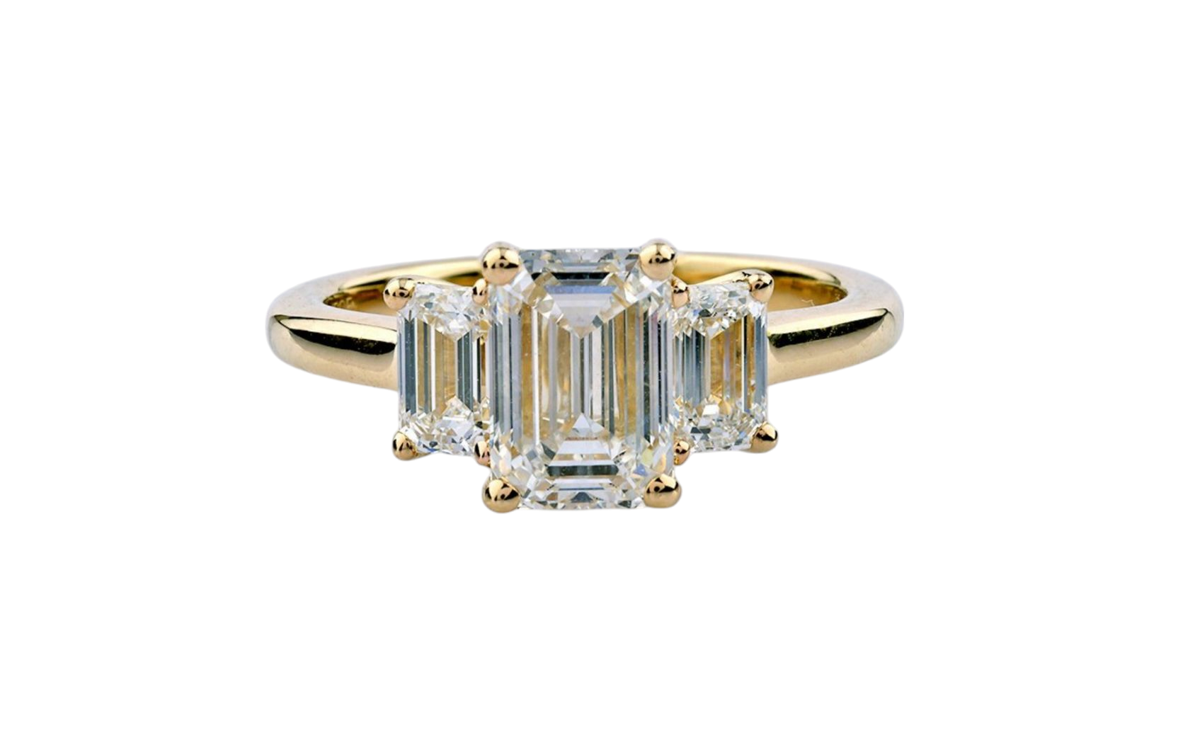 Anello trilogy in oro giallo 18k e diamanti naturali taglio smeraldo 3.03ct