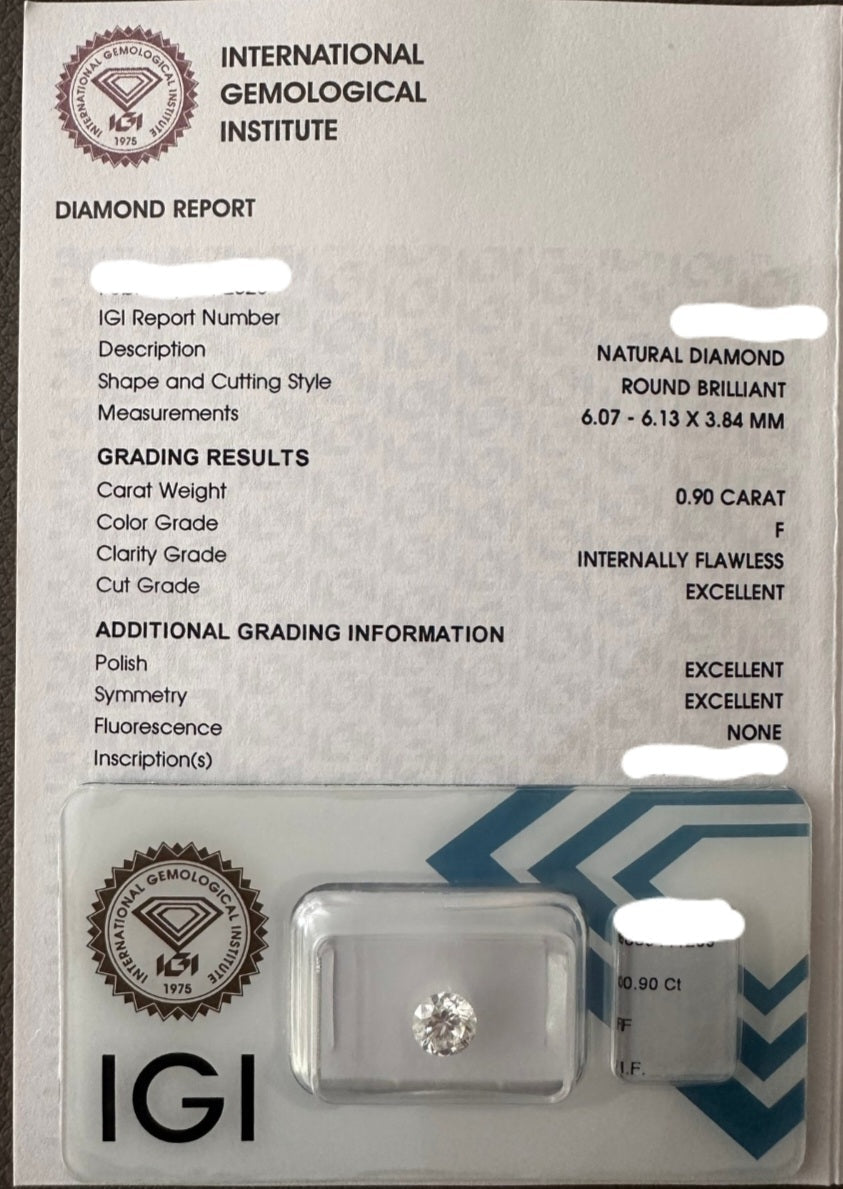 Diamante naturale certificato IGI 0.90ct  F IF