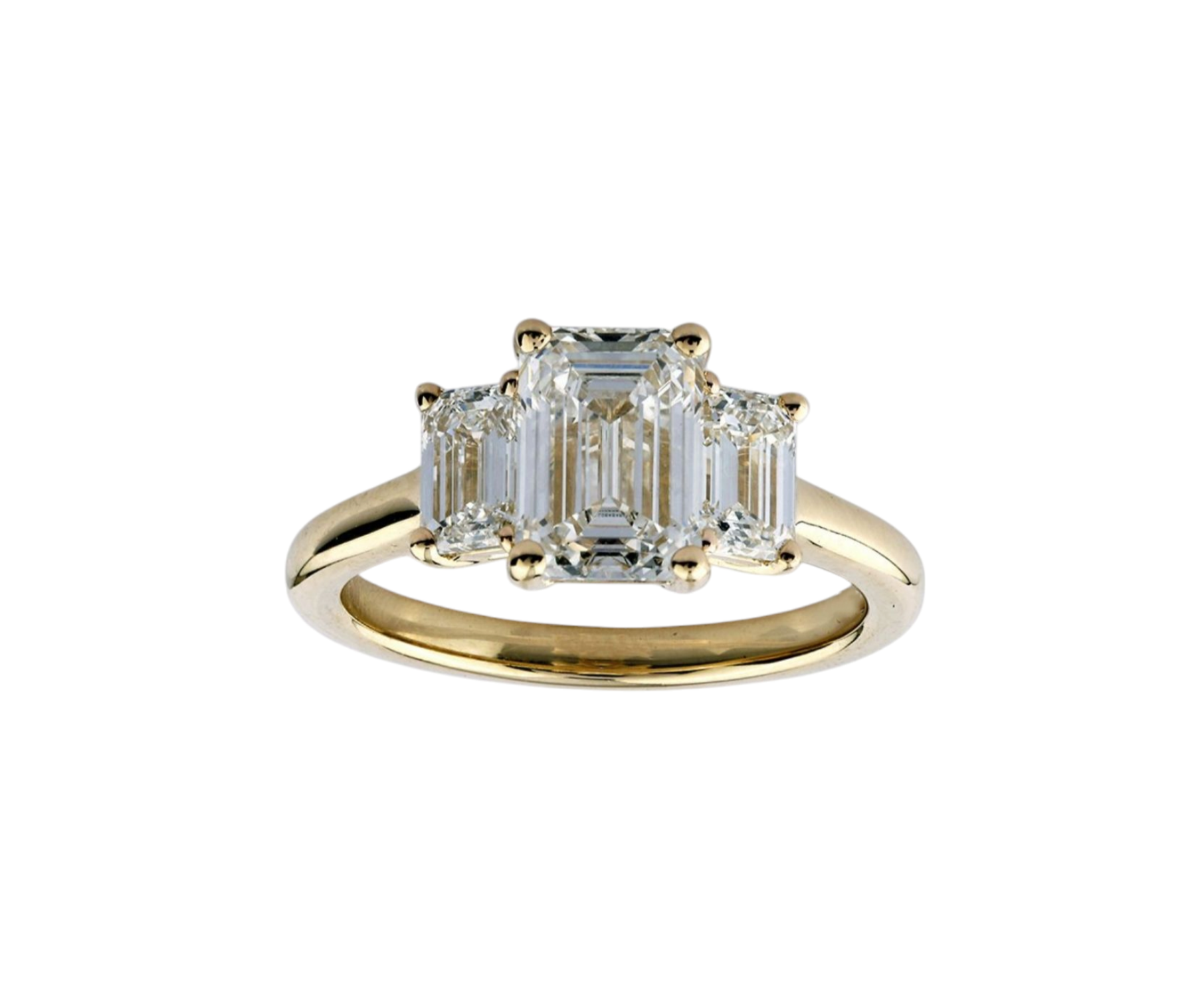 Anello trilogy in oro giallo 18k e diamanti naturali taglio smeraldo 3.03ct