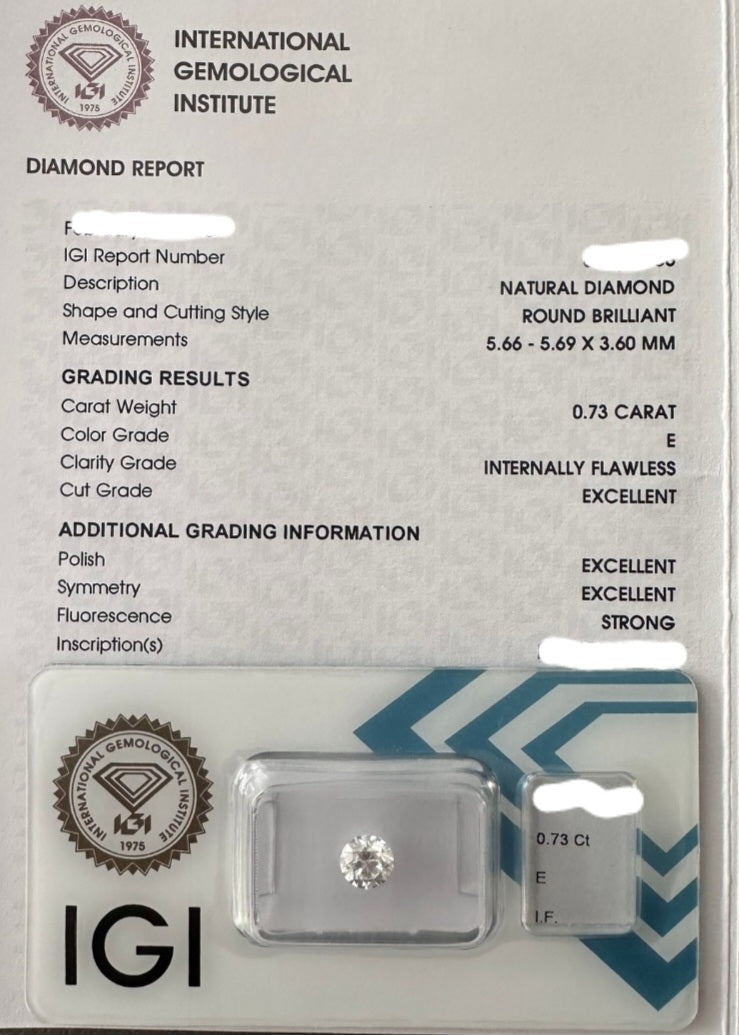 Diamante naturale certificato IGI 0.73 ct  E IF